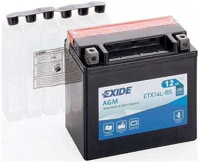 Аккумулятор сухозаряженный AGM 12Ah 200A EXIDE YTX14L-BS = ETX14L-BS 150x87x145