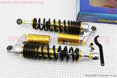 Амортизатор задний JH/CB/CG &mdash; 340мм*d60мм (втулка 12мм / втулка 10;12мм) газовый регулир., черный к-кт 2шт