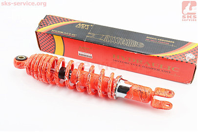 Амортизатор задній GY6/Honda — 310мм*d59мм (втулка 10мм / вилка 8мм) регул., помаранчевий з павутиною