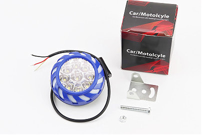 Фара додаткова світлодіодна вологозахисна &mdash; 9 LED з кріпленням, 70мм з стробоскопом та різнобарвним підсвічуванням, блакитний бортик