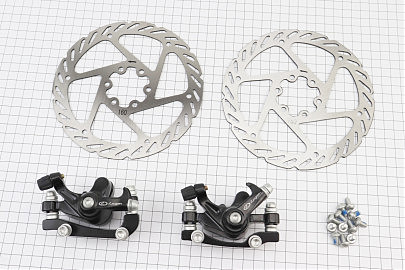 Гальмо Disk-brake переднє (F160/R140мм)+заднє (F180/R160мм), диски 160мм, кріпл. 6 болтів, чорні DX-2012