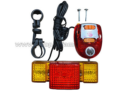 Стоп-сигнал (в сборе) велосипедный (+звонок) (комплект, LED с поворотами) KUB
