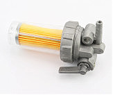 Кран топливный + фильтр в пластмассовом, прозрачном корпусе (вход/выход в сторону)