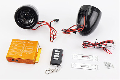 АУДИО-блок (МРЗ-USB/SD, FM-радио, пультДУ, сигнализация) + колонки 2шт (черные)