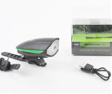 Фонарь передний 1 диод+звонок 4 мелодии, Li-ion 3.7V 1200mAh зарядка от USB, влагозащитный, чёрно-зелёный FY-058/7588