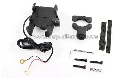 Крепление для телефона на руль металлический + USB зарядка (миним. ширина телефона 60мм, макс. ширина 95мм)